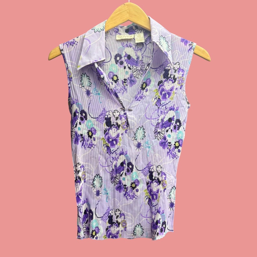 Caviar Purple Floral Plisse Pleated Sleeveless Blouse Size Large Y2K Retro